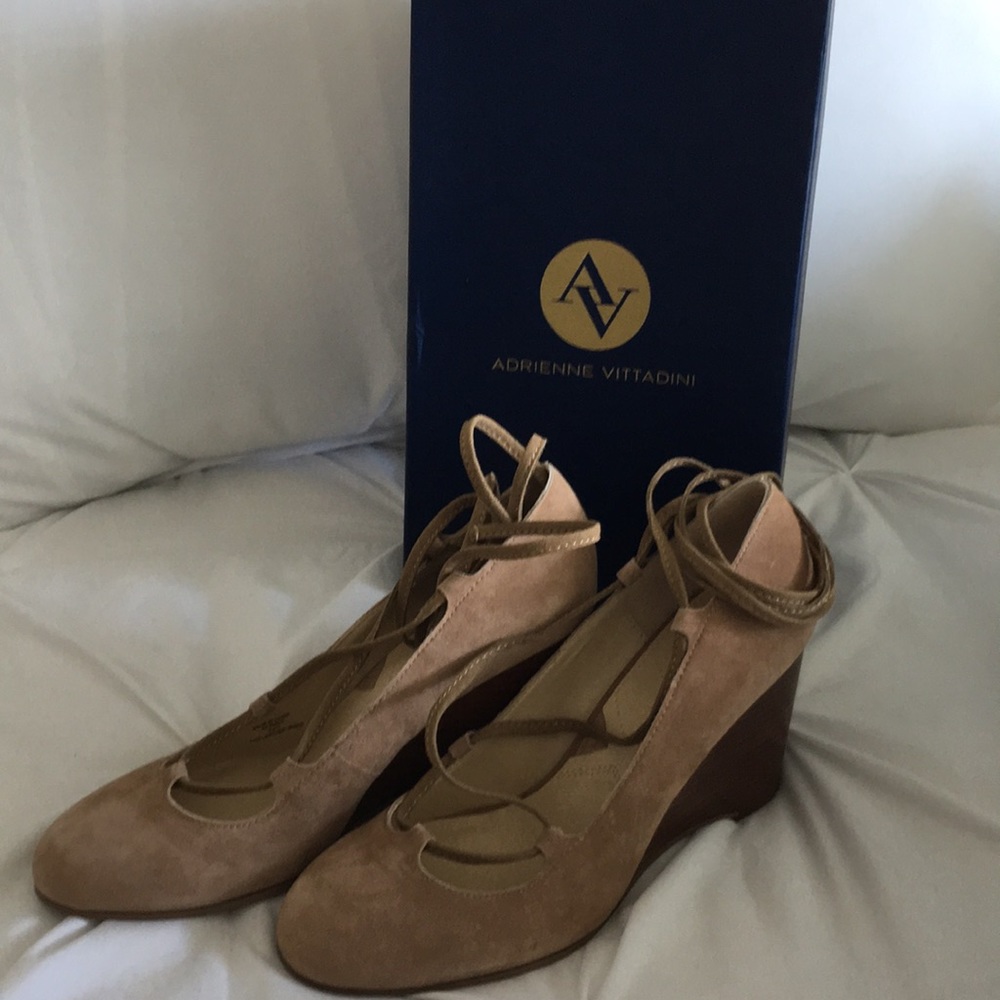 Adrienne Vittadini suede wedge ankle wrap shoes